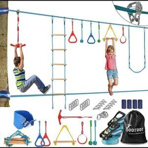 Ninja Warrior Obstacle Course for Kids - 2 X 52FT Slackline with Slider Pulley,